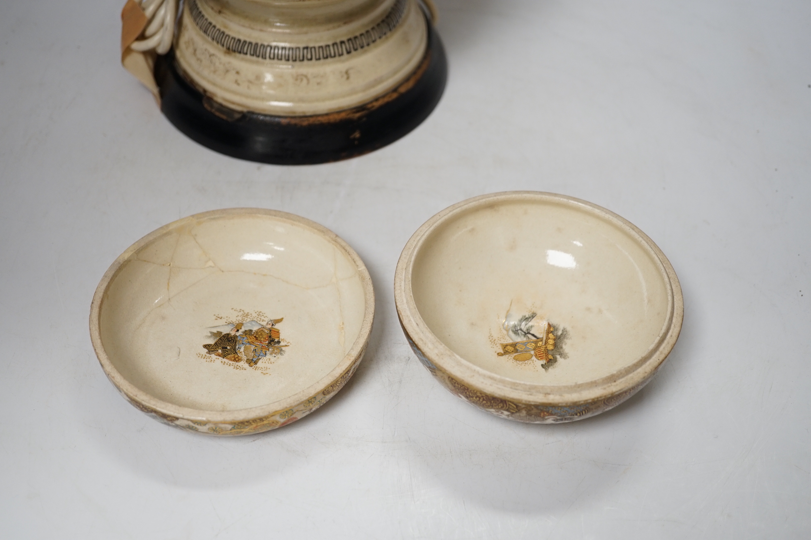 Two Japanese Satsuma pieces comprising lamp base and pot and cover, possibly Meiji period, largest 46cm high